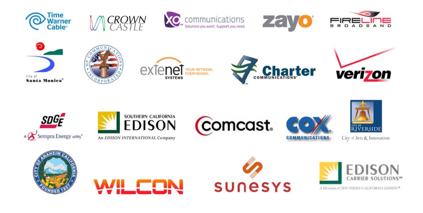 Logos of K&B Engineering clients including Time Warner Cable, Crown Castle, Charter Communications, Verizon, Comcast, Cox Communications, Southern California Edison, SDG&E, and the cities of Santa Monica, Riverside, and Anaheim