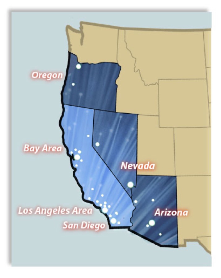 Map of K&B Engineering's West Coast service area — Oregon, Bay Area, Los Angeles, San Diego, Nevada, and Arizona